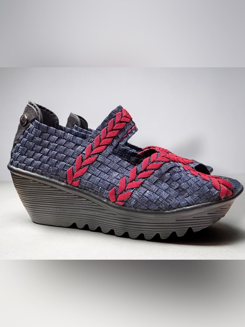 Bernie Mev Halle EU38 Woven Comfort Wedge Sandals Denim Blue Red Braided - Picture 4 of 12